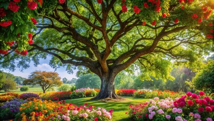 Naklejka premium A stunning tree with vibrant flowers and lush greenery, symbolizing growth and renewal, flowers, stems, blooming tree