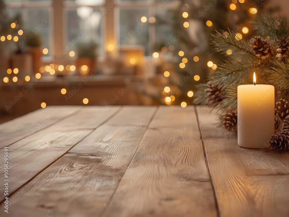 Poster cozy empty table with blurred bokeh lights