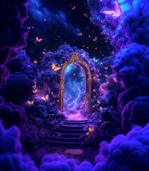Ornate Golden Archway Surrounded by Purple Flowers and Butterflies, Mystical Gateway to a Fantasy Realm with Sparkling Stars