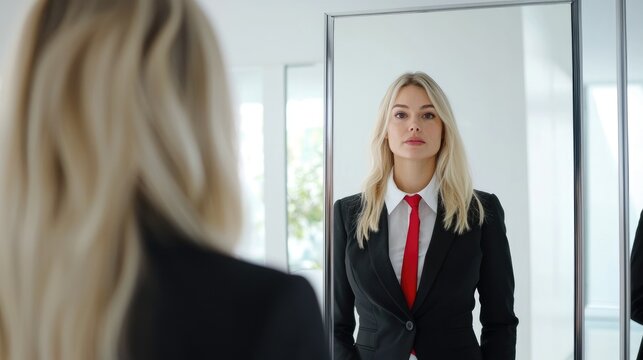 A confident woman practicing her elevator pitch in front of a mirror reflection