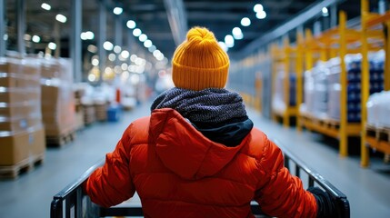 Worker in winter attire maneuvering cart through warehouse aisles