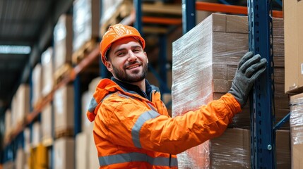 Dedicated warehouse worker in insulated coveralls stacking boxes with a smile