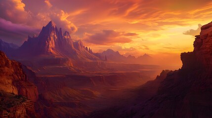 Fototapeta premium Beautiful mountainous landscape with the sunset in the background. 