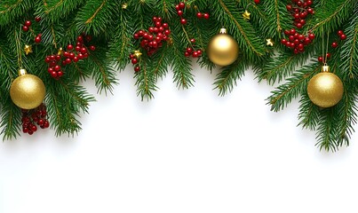 Christmas background with white space and a decorated fir tree branch on the right side. Christmas decorations, golden balls, red berries, and lights with a bokeh effect on a light background. New Yea