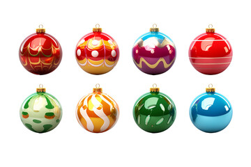 Collection of Christmas ornaments in various vibrant colorful design, perfect for festive holiday decorations design material, PNG cutout transparent background.