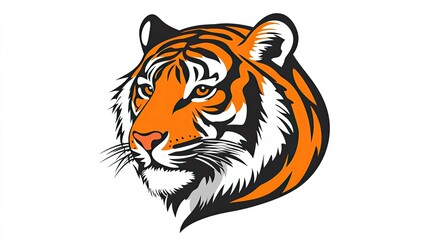 Obraz premium Minimalist vector of a tiger head, with a cheerful expression, vivid orange fur, and bold black stripes, set against a pure white background.