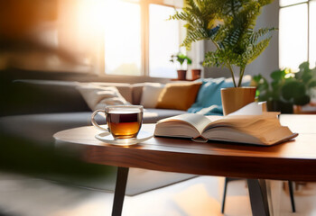 A cup of tea and an open book rest on a wooden coffee table in a living room bathed in sunlight.