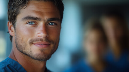 Close-up portrait of young man with blue eyes and stubble against turquoise background