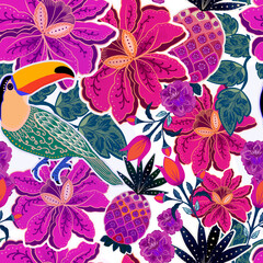Estampa sem emendas com tucanos e flores, estilizadas e muito coloridas, Brasil, verão