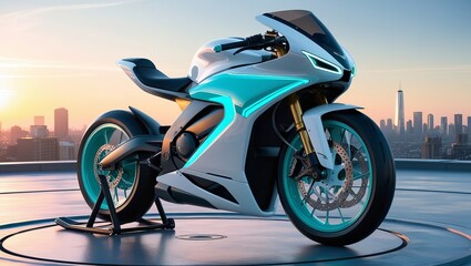 futuristic sports bike in a bright, glossy white color