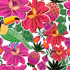 Estampa sem emendas com tucanos e flores, estilizadas e muito coloridas, Brasil, verão
