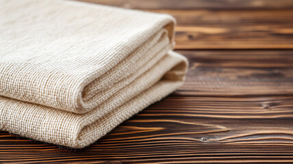 Soft, folded canvas fabric on wooden table, showcasing its texture and natural color. This evokes sense of warmth and simplicity, perfect for various design projects