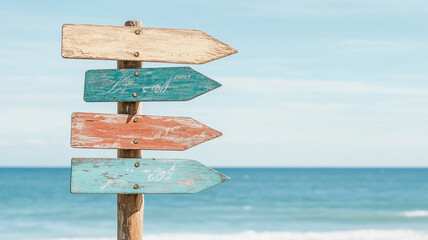 Weathered wooden directional signpost with colorful arrows pointing towards seaside, evoking sense of adventure and exploration
