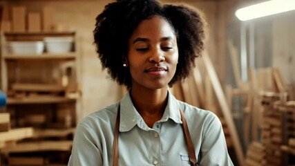 A smiley African American female master standing in a middle of a carpentry workshop. A happy female master inspires creativity in her vibrant carpentry space.
