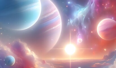 A vibrant cosmic scene featuring planets stars and nebulae in the background