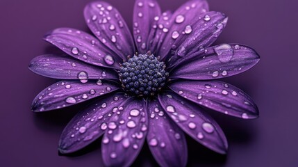 An elegant close-up of a purple flower covered in water droplets,