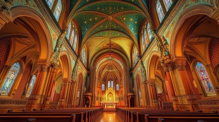 Fototapeta premium High-ceilinged church interior with intricate design and no people, focusing on architectural beauty and spirituality.