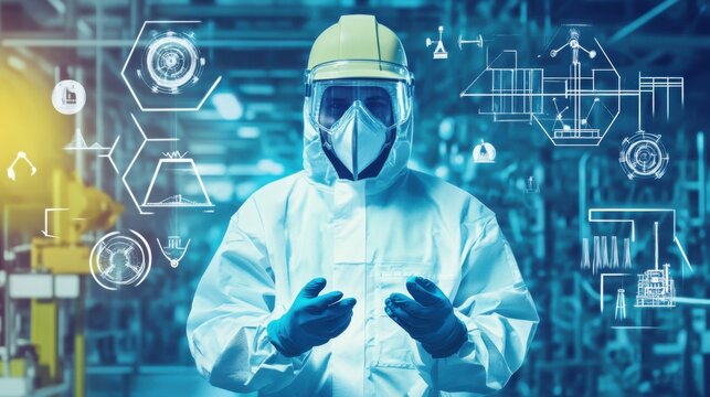 An industrial worker in protective gear following safety protocols