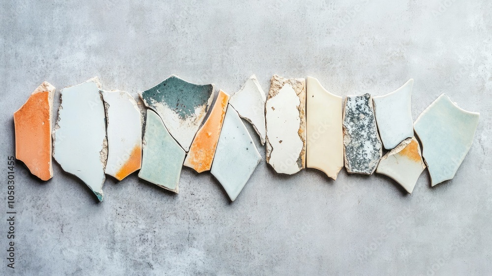 Poster broken ceramic tile fragments in a line, showcasing cracks and sharp edges with a construction focus