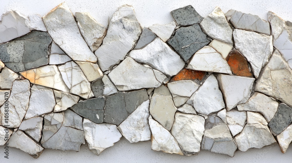 Poster broken tile fragments aligned in a line, capturing rugged textures and jagged edges in construction 