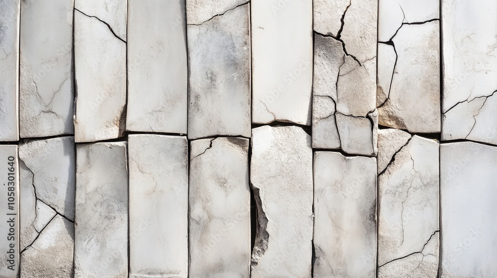 Poster broken tiles arranged in a line, highlighting cracked patterns and rugged textures in a construction