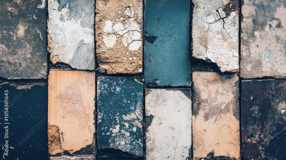 Poster broken tiles arranged in a line, highlighting cracked patterns and rugged textures in a construction
