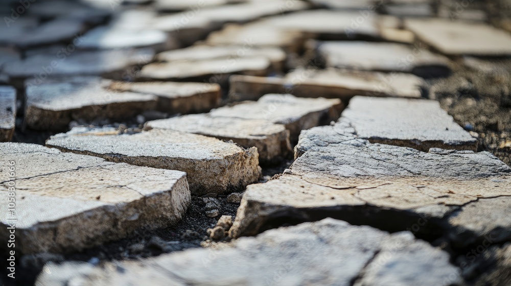 Poster close-up of a line of chipped and broken tiles, emphasizing rough, unfinished surfaces in constructi