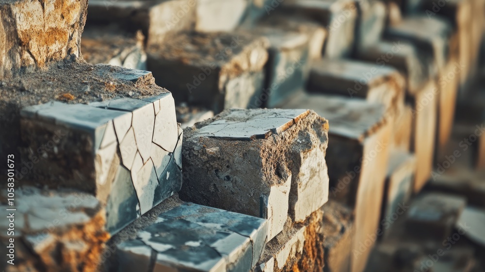 Poster close-up of a line of chipped and broken tiles, emphasizing rough, unfinished surfaces in constructi