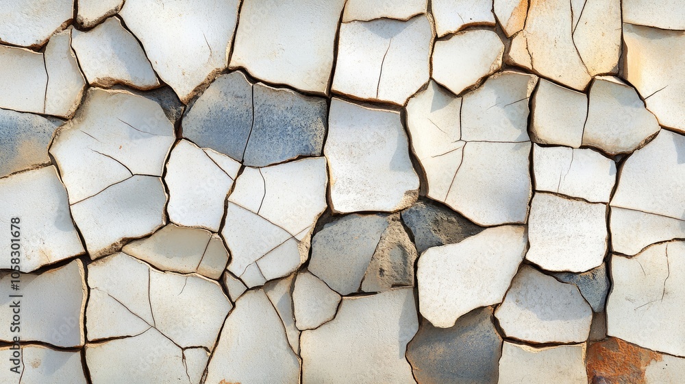 Poster broken tiles arranged in a line, highlighting cracked patterns and rugged textures in a construction