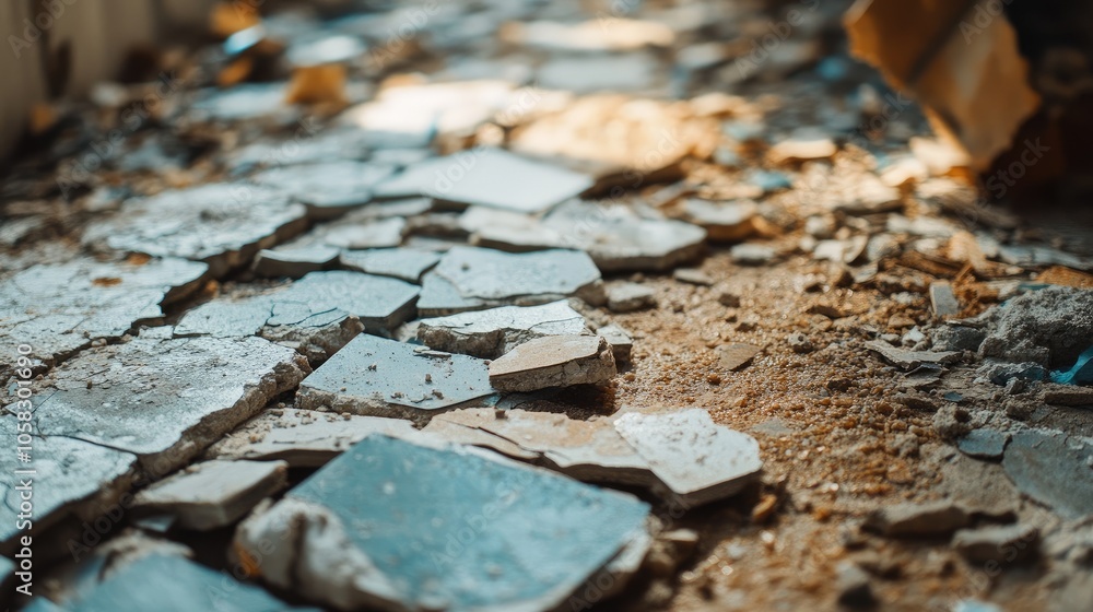 Poster close-up of a line of chipped and broken tiles, emphasizing rough, unfinished surfaces in constructi
