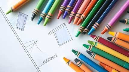 Naklejka premium Colorful Crayons and Sketchbook Flat Lay Arrangement