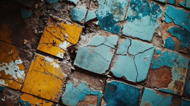 Broken tiles along a line on the floor, highlighting jagged edges, cracked surfaces, and a raw construction vibe