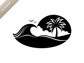 Beach waves logotype natural scene silhouette black vector art design 
