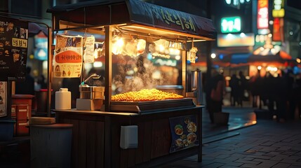 Korean street food stall with spicy tteokbokki, nighttime market atmosphere, capturing local culture and flavors.