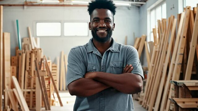 A smiley African American male master standing in a middle of a carpentry workshop. Watch as this cheerful master crafts beautiful wooden pieces in his lively workshop!