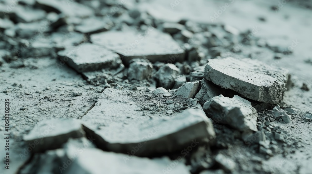 Poster close-up of rough cement fragments scattered in a line, showing sharp edges and raw texture in a con