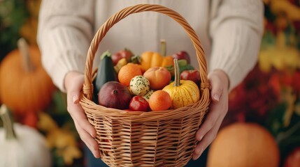 A person holds a woven basket filled with colorful fruits and vegetables, surrounded by autumn foliage, creating a warm, seasonal atmosphere.