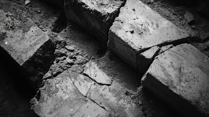 Cracked cement pieces aligned in a construction line, capturing raw textures and dust for an industrial look
