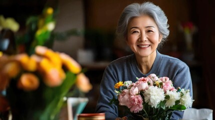 Senior Asian Woman Arranging Fresh Flowers at Home