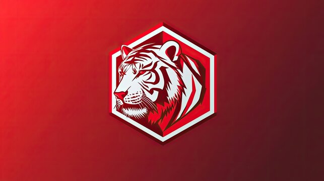 Simple red and white tiger logo in a hexagonal border, ideal for sports teams or tech branding.