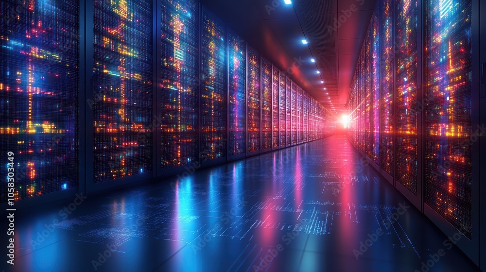 Aufkleber futuristic data center with illuminated server racks and reflections.