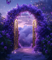 Magical Floral Archway with Purple Flowers and Butterflies, Enchanted Garden Scene with Sparkling Stars at Twilight