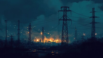 Power lines and towers glowing with energy in the dark, symbolizing the reach and resilience of modern electricity.