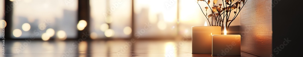 Poster a serene setting featuring lit candles and soft ambient light, creating a warm and inviting atmosphe