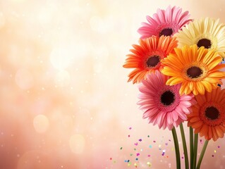 A vibrant bouquet of colorful flowers against a soft, sparkling background.