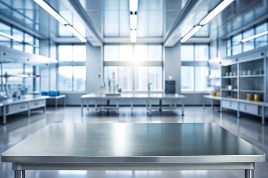 steel top with blurred empty science lab room background can be used for mocking up or display product to make advertising.