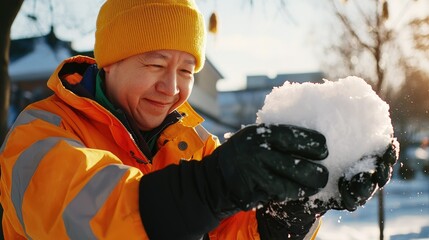 Winter safety techniques a worker demonstrates snow handling skills