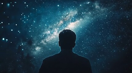 A silhouetted figure gazes at a starry sky, immersed in the vastness of the universe and contemplating the mysteries of space.
