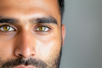 Fototapeta premium Closeup portrait of a south asian man with striking green eyes on a clean background