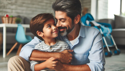 A happy couple hugs their two children at home, enjoying a loving moment filled with smiles and fun together as a family